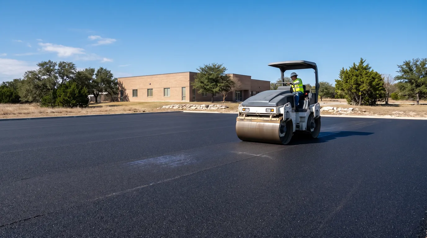 A double-drum roller compacts a fresh asphalt overlay on an office parking lot