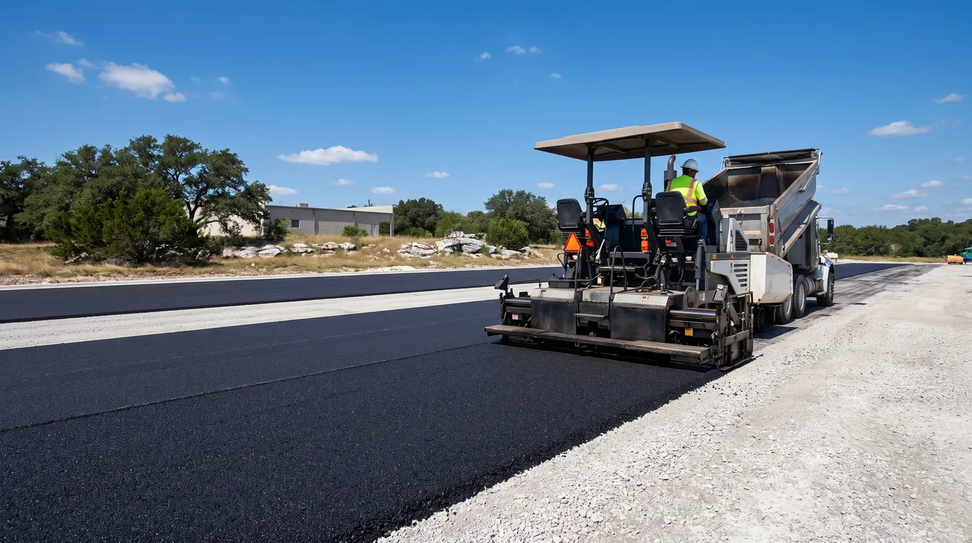 A dump truck feeds hot asphalt into a paver laying a new lane on a commercial parking lot